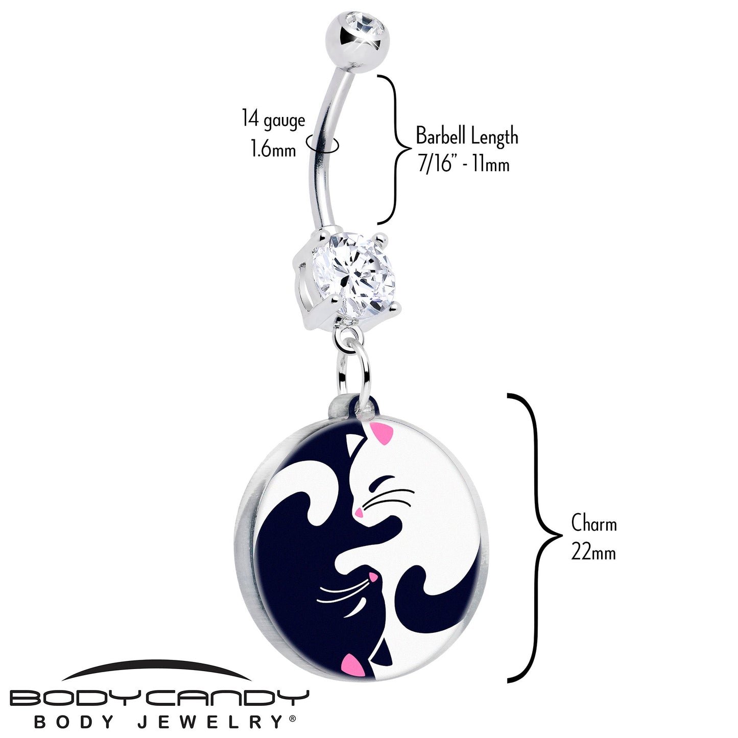 Navel belly ring with curved barbell, crystal dangle, and round yin-yang cat charm