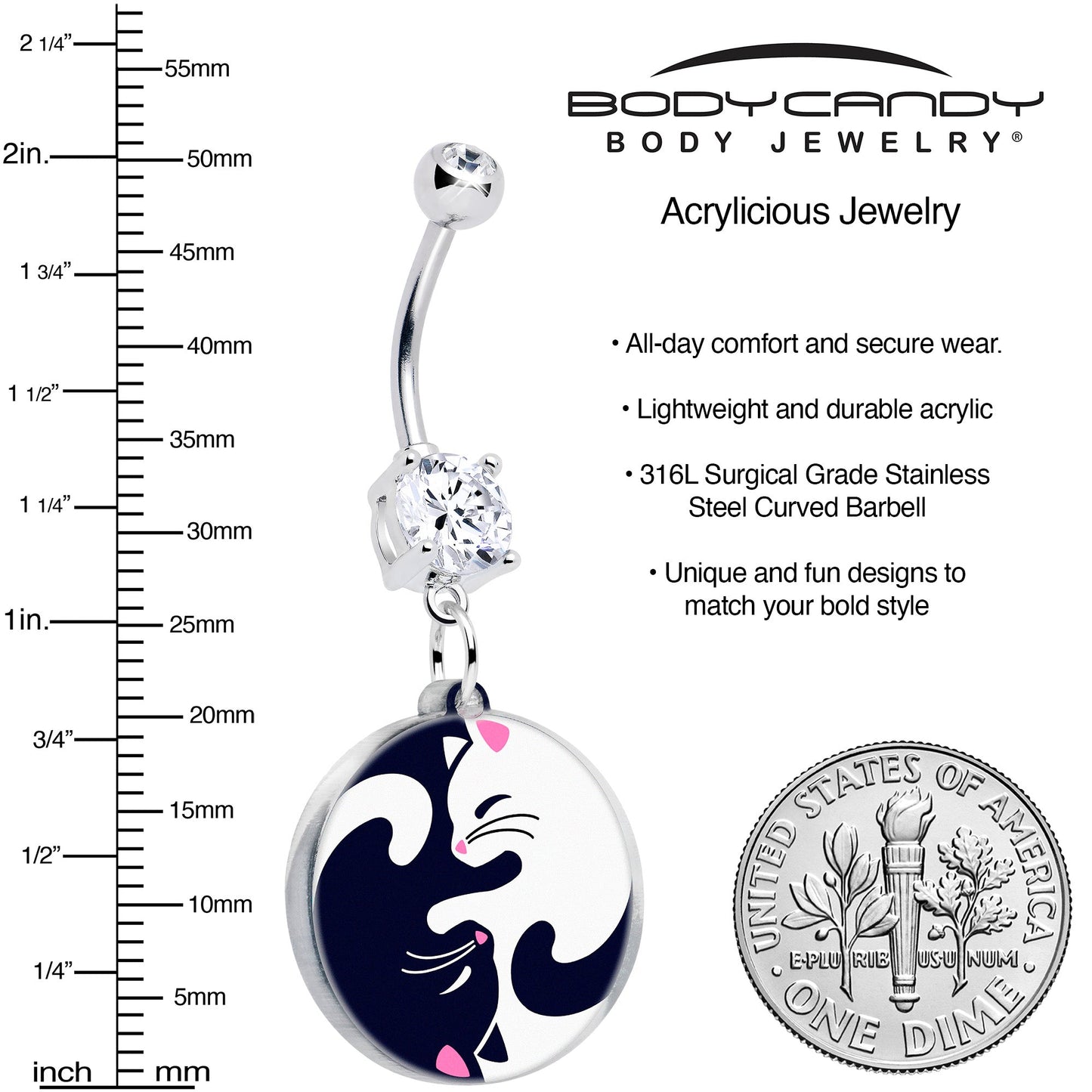Curved barbell navel ring with crystal cluster and round yin-yang cat acrylic charm