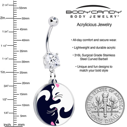 Curved barbell navel ring with crystal cluster and round yin-yang cat acrylic charm