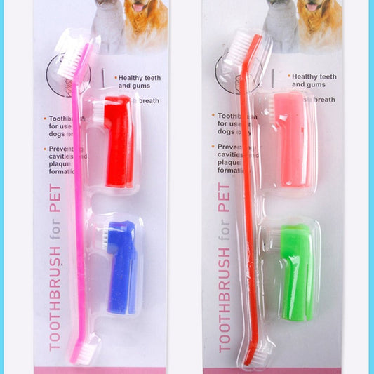 Pet finger toothbrush set, dual brush heads, red and blue finger covers