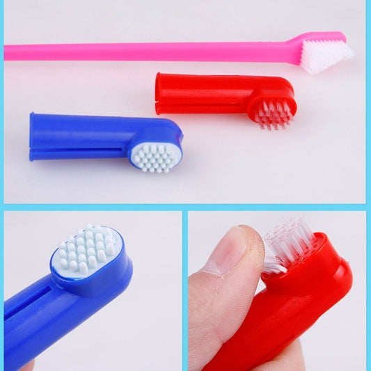 Pet dual-head finger toothbrushes, pink and blue handles with white bristles