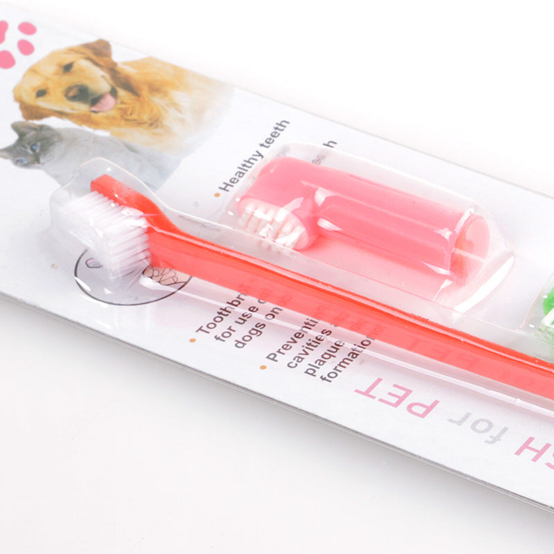 Pet finger toothbrush set, dual brush heads, red and pink bristle heads in pack