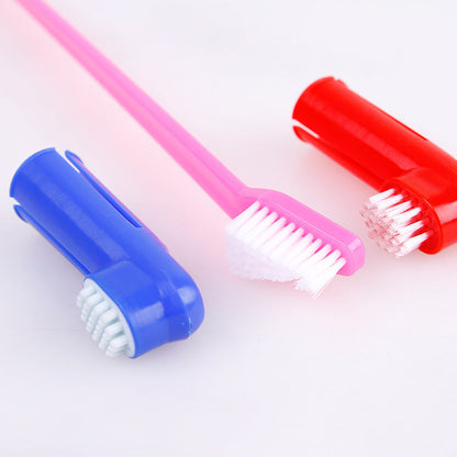 Pet finger toothbrush set, dual brush heads, pink, blue, and red handles