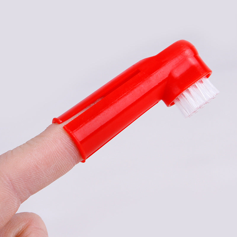 Red pet finger toothbrush with dual brush heads and white bristles