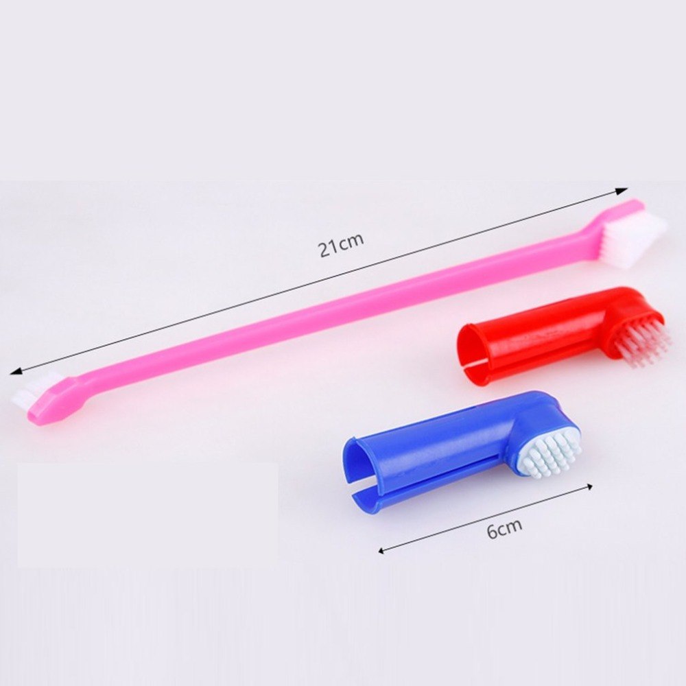 Pet finger toothbrushes set, dual heads, pink 21 cm with blue and red options