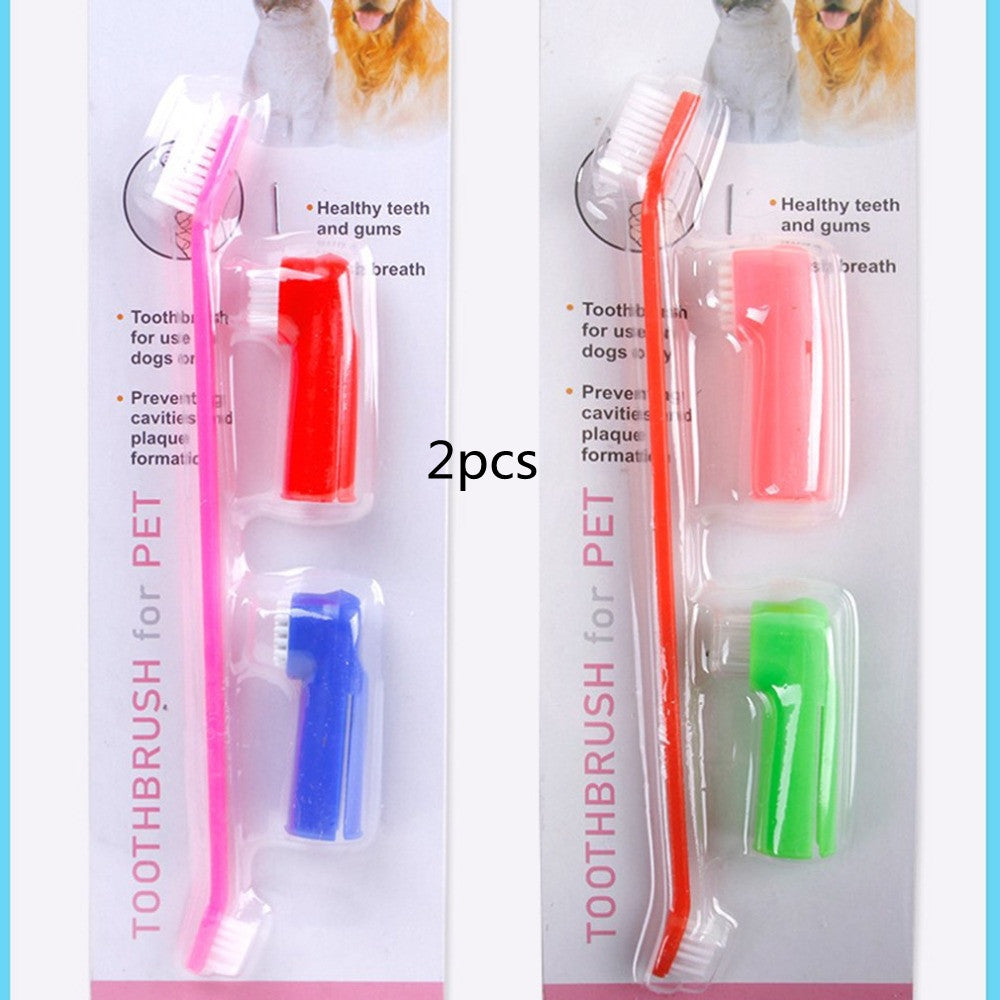 2-piece pet finger toothbrush set, dual brush heads, red/blue and red/green in pack
