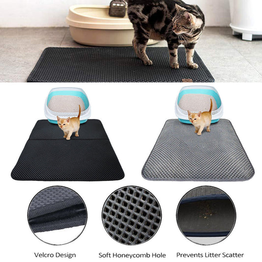 Double-layer cat litter trapping mat pad, black and gray, foldable rectangular shape