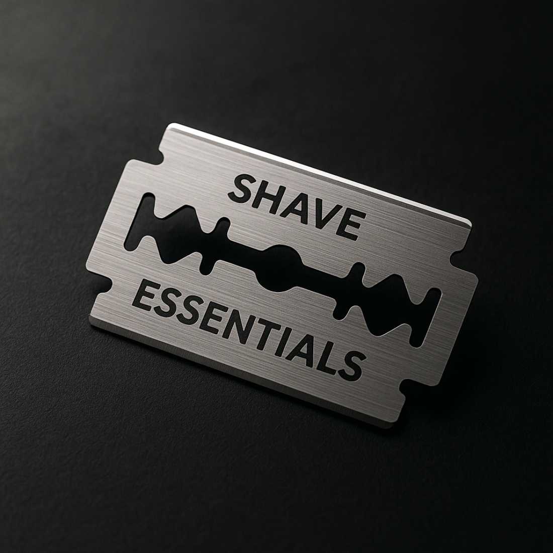 Safety razor blades on brushed metal card, SHAVE ESSENTIALS
