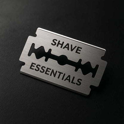 Safety razor blades on brushed metal card, SHAVE ESSENTIALS