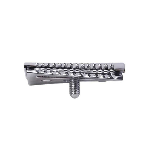 Double-sided safety razor head with slant blade edge and guard comb teeth, chrome finish