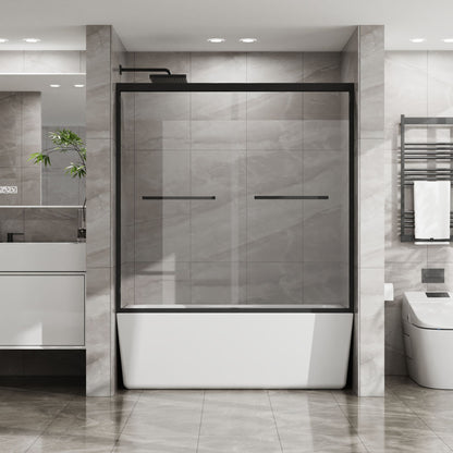 Double Sliding Bathtub Shower Door 60 in. W x 58 in. H Aluminum Framed Shower Enclosure for Tub with SGCC Clear Tempered Glass, Stainless Steel Hardware, Matte Black - Renee Lane Company