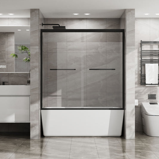 Matte black aluminum-framed double sliding tub shower door with clear tempered glass
