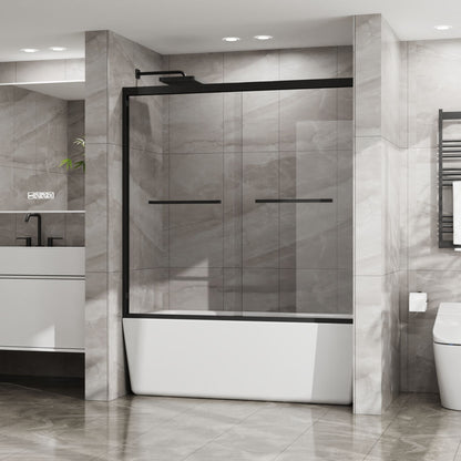 Double Sliding Bathtub Shower Door 60 in. W x 58 in. H Aluminum Framed Shower Enclosure for Tub with SGCC Clear Tempered Glass, Stainless Steel Hardware, Matte Black - Renee Lane Company