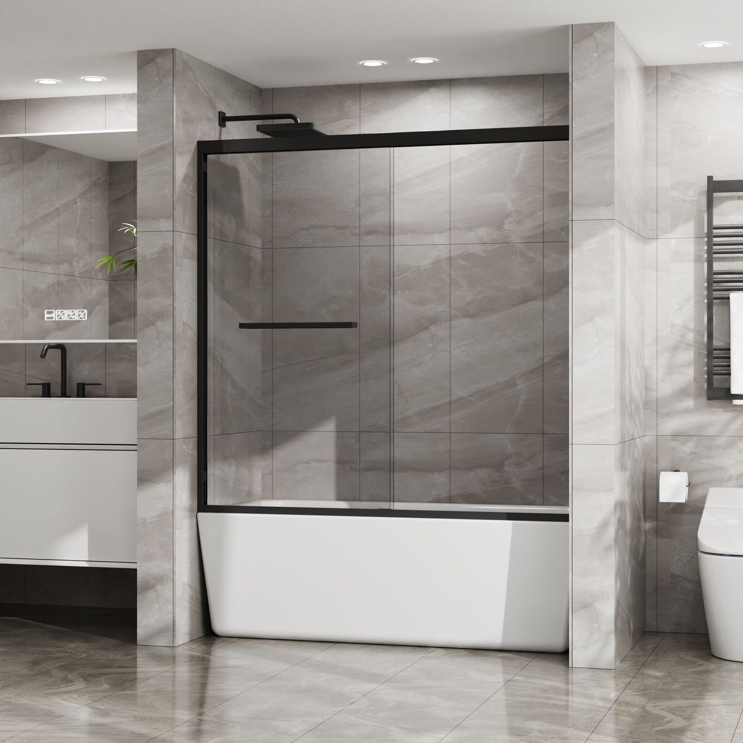 Double Sliding Bathtub Shower Door 60 in. W x 58 in. H Aluminum Framed Shower Enclosure for Tub with SGCC Clear Tempered Glass, Stainless Steel Hardware, Matte Black - Renee Lane Company