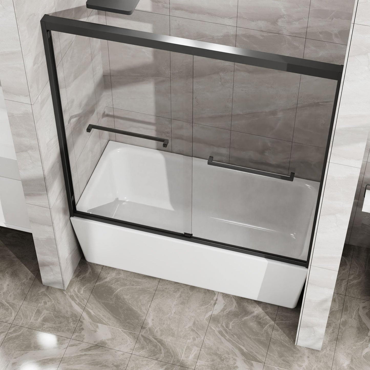 Double Sliding Bathtub Shower Door 60 in. W x 58 in. H Aluminum Framed Shower Enclosure for Tub with SGCC Clear Tempered Glass, Stainless Steel Hardware, Matte Black - Renee Lane Company
