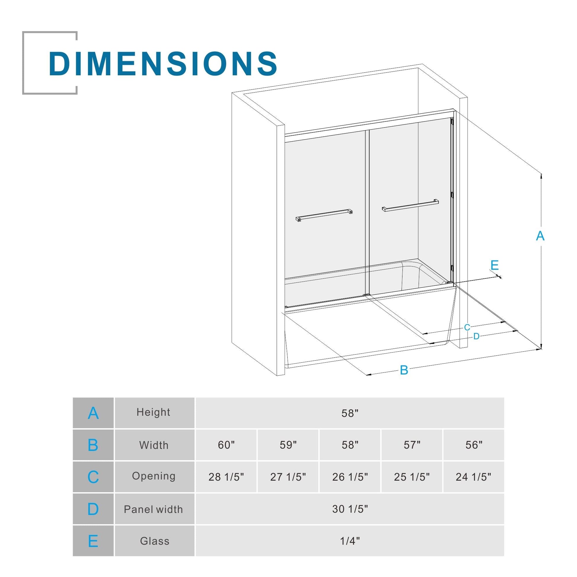 Double Sliding Bathtub Shower Door 60 in. W x 58 in. H Aluminum Framed Shower Enclosure for Tub with SGCC Clear Tempered Glass, Stainless Steel Hardware, Matte Black - Renee Lane Company