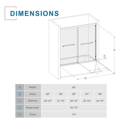 Double Sliding Bathtub Shower Door 60 in. W x 58 in. H Aluminum Framed Shower Enclosure for Tub with SGCC Clear Tempered Glass, Stainless Steel Hardware, Matte Black - Renee Lane Company