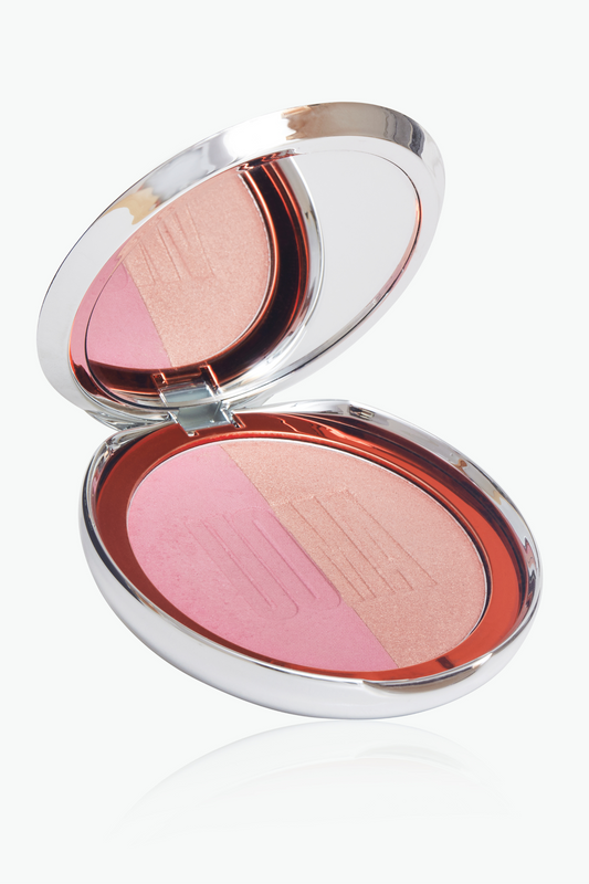 Open blush duo compact showing peach-pink and rosy shimmer shades