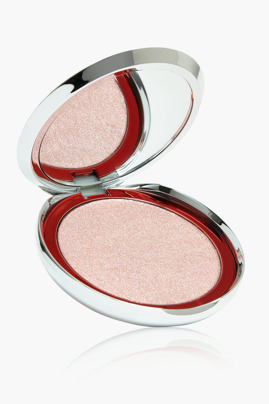 Pearl pink highlighter compact with open lid and embossed shimmer pan