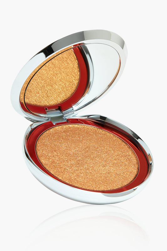 Golden bronze highlighter compact with open lid and shimmering round pan