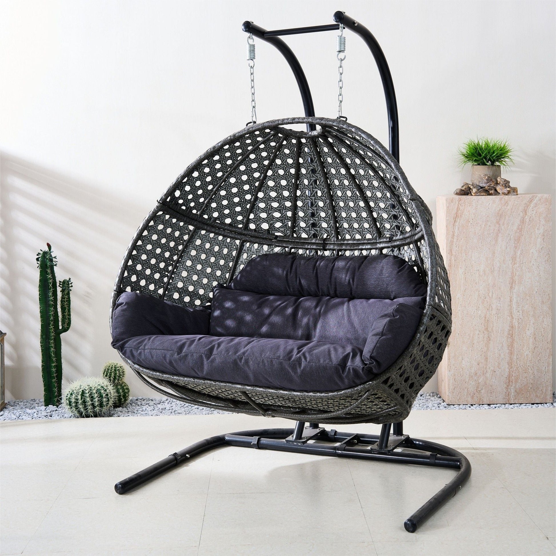 Double Wicker Swing Egg Chair,  All-Weather Rattan Hanging Hammock Chair for Home Bedroom Patio Balcony,Black&Grey - Renee Lane Company