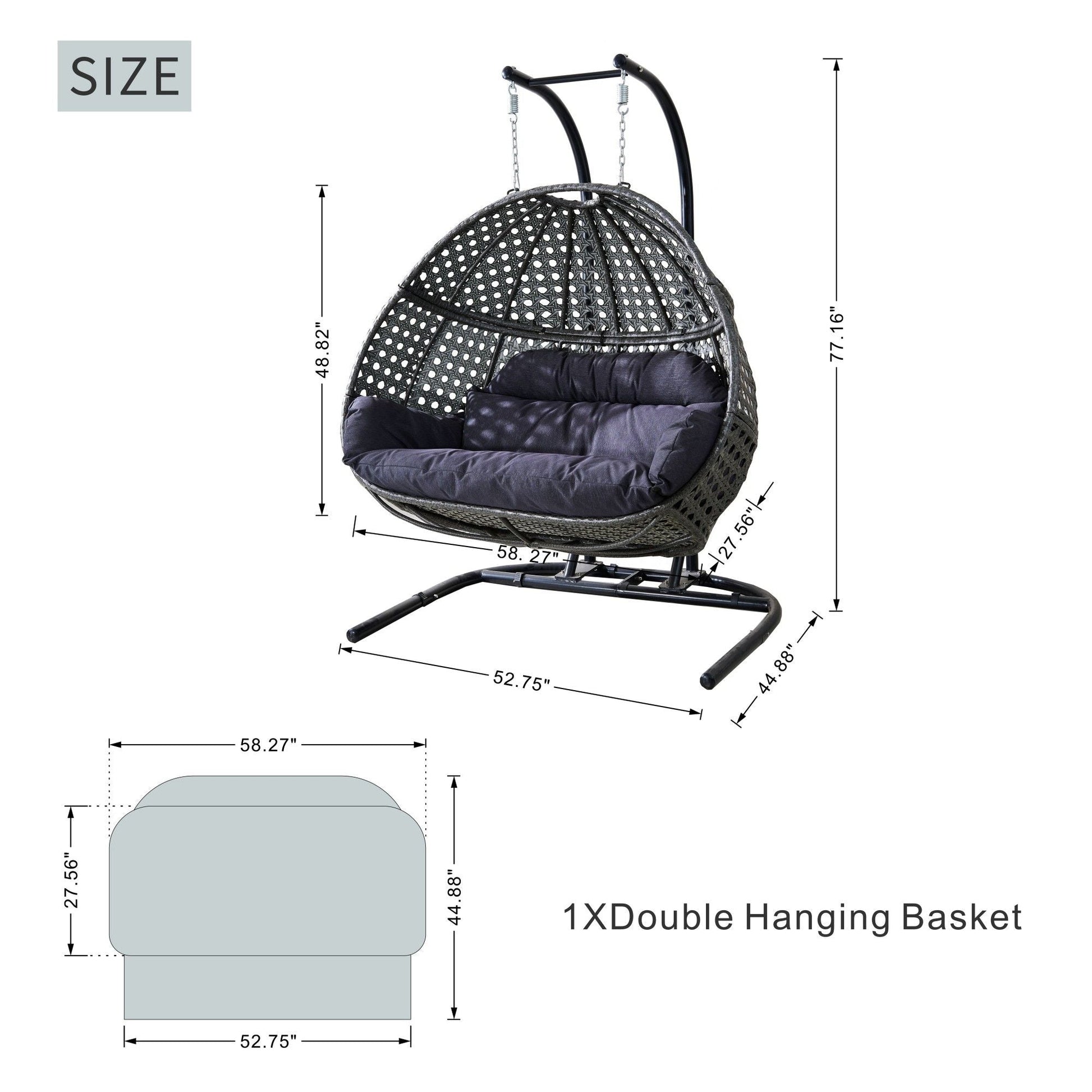 Double Wicker Swing Egg Chair,  All-Weather Rattan Hanging Hammock Chair for Home Bedroom Patio Balcony,Black&Grey - Renee Lane Company