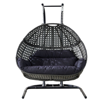 Double Wicker Swing Egg Chair,  All-Weather Rattan Hanging Hammock Chair for Home Bedroom Patio Balcony,Black&Grey - Renee Lane Company