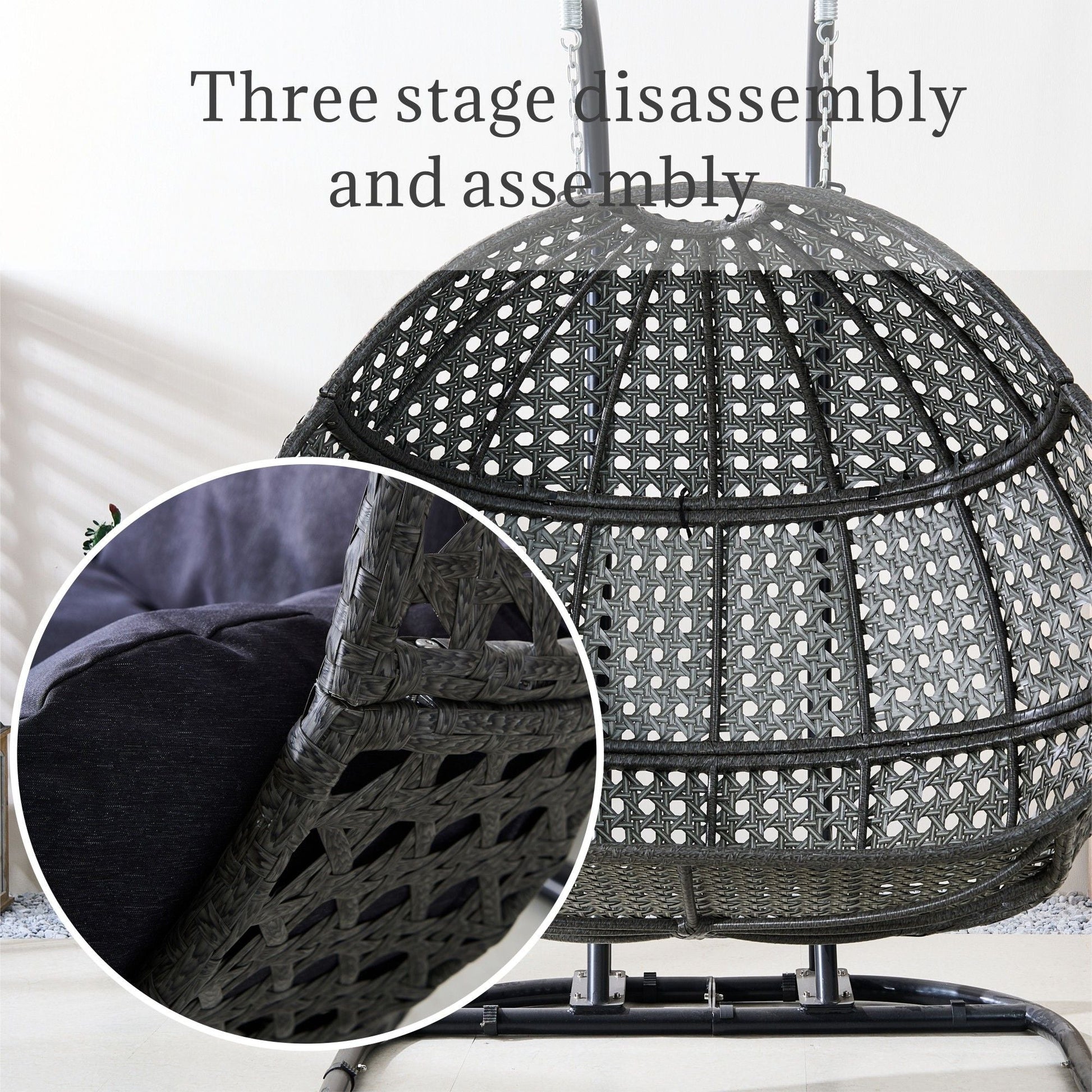 Double Wicker Swing Egg Chair,  All-Weather Rattan Hanging Hammock Chair for Home Bedroom Patio Balcony,Black&Grey - Renee Lane Company