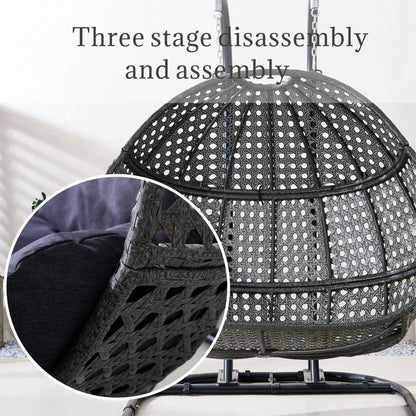 Double Wicker Swing Egg Chair,  All-Weather Rattan Hanging Hammock Chair for Home Bedroom Patio Balcony,Black&Grey - Renee Lane Company