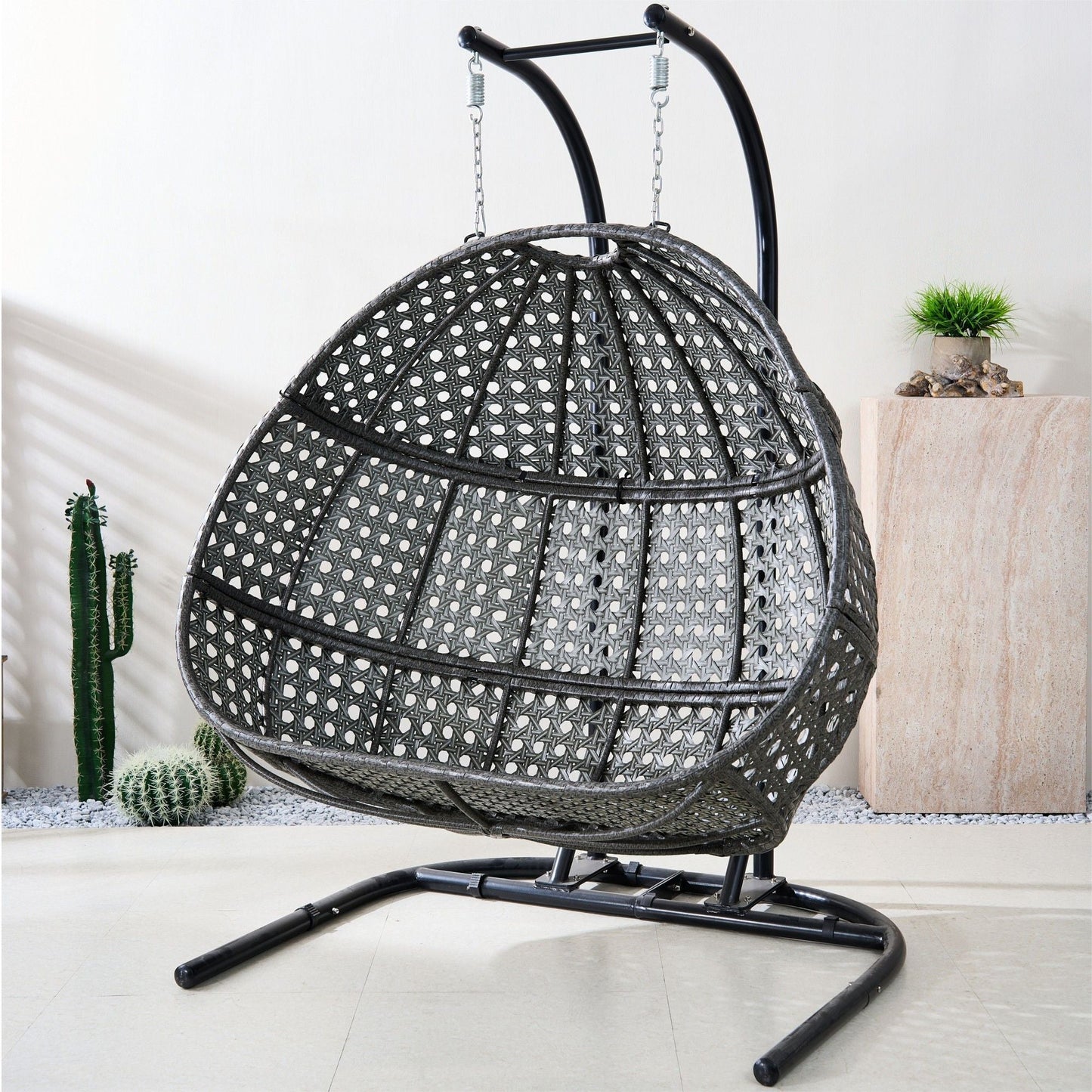 Double Wicker Swing Egg Chair,  All-Weather Rattan Hanging Hammock Chair for Home Bedroom Patio Balcony,Black&Grey - Renee Lane Company