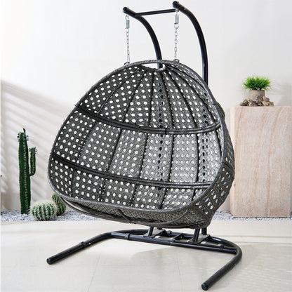 Double Wicker Swing Egg Chair,  All-Weather Rattan Hanging Hammock Chair for Home Bedroom Patio Balcony,Black&Grey - Renee Lane Company