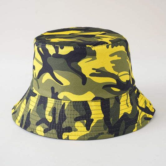 Yellow and black camo fisherman bucket hat with wide brim and stitched front band