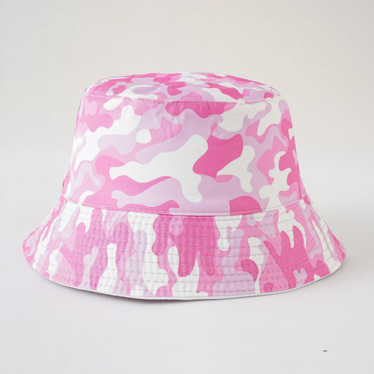 Pink and white camo fisherman bucket hat with wide brim and gathered front panel