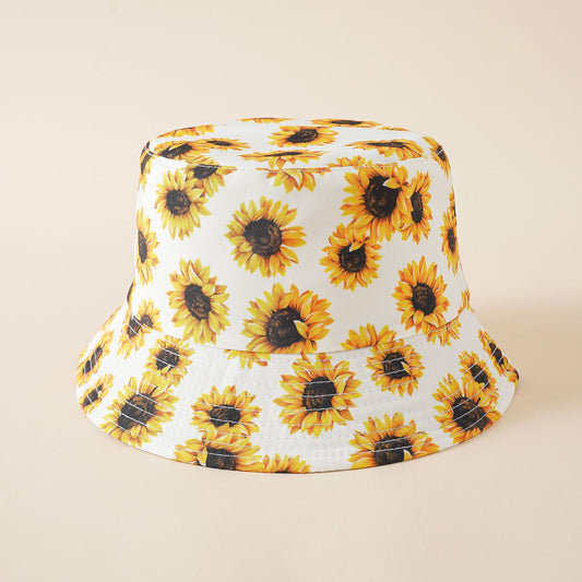 Reversible bucket hat, white with yellow sunflower print