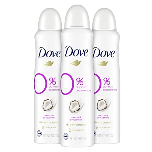 Pack of 3 white Dove 0% deodorant sprays with purple 0% labels, coconut & jasmine.