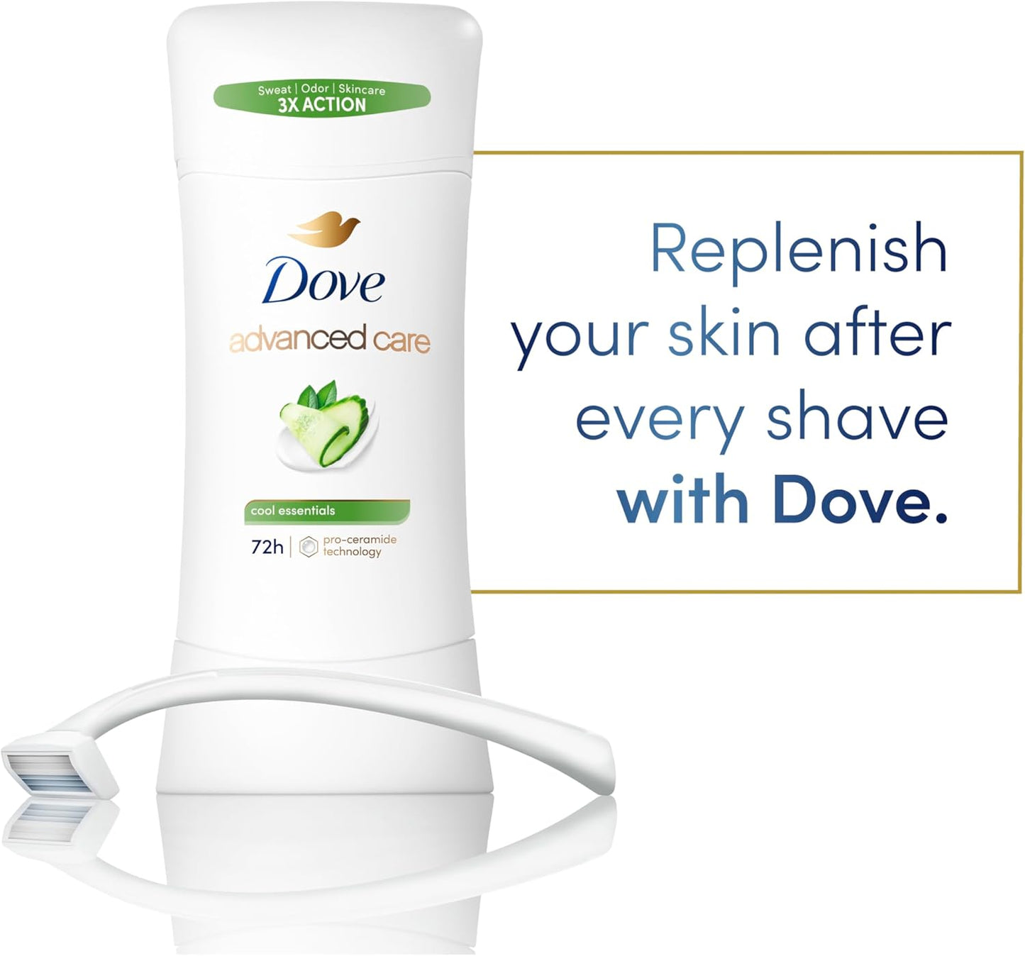 Dove Advanced Care Anti Deo Stick Cool Essentials Twin Pack for helping your skin barrier repair after shaving 72 h odor control and all-day sweat protection with Pro Ceramide Technology 2.6 oz - Renee Lane Company