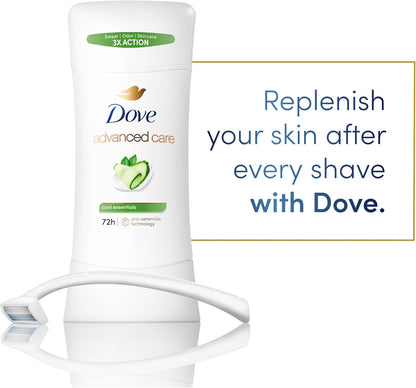 Dove Advanced Care Anti Deo Stick Cool Essentials Twin Pack for helping your skin barrier repair after shaving 72 h odor control and all-day sweat protection with Pro Ceramide Technology 2.6 oz - Renee Lane Company