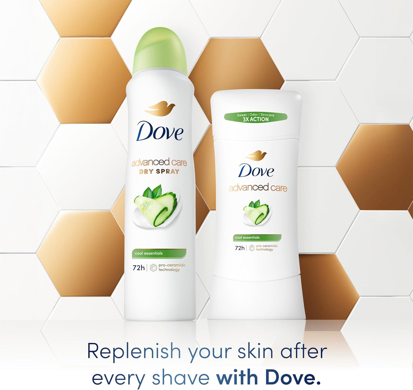 Dove Advanced Care Anti Deo Stick Cool Essentials Twin Pack for helping your skin barrier repair after shaving 72 h odor control and all-day sweat protection with Pro Ceramide Technology 2.6 oz - Renee Lane Company