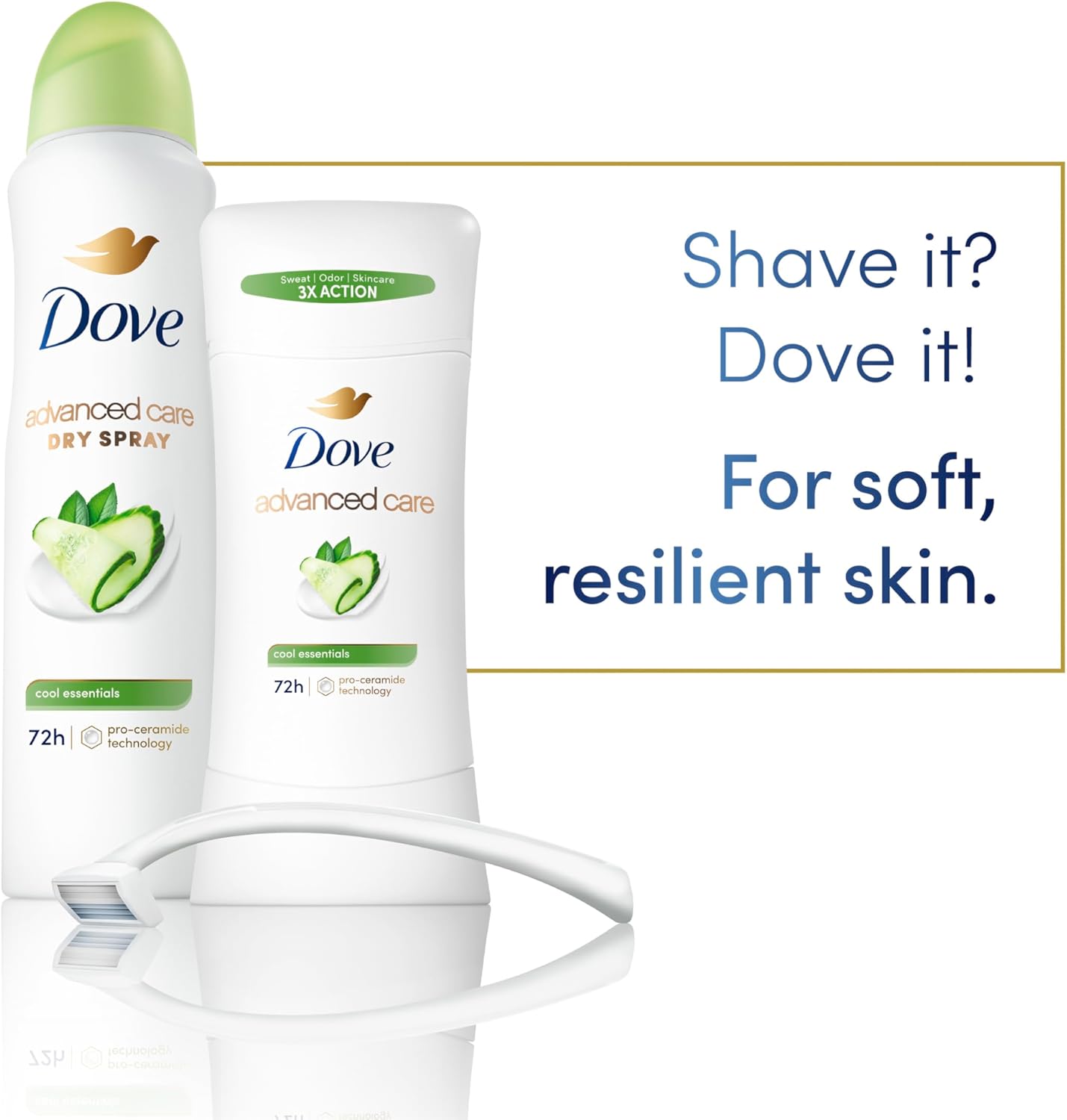 Dove Advanced Care Anti Deo Stick Cool Essentials Twin Pack for helping your skin barrier repair after shaving 72 h odor control and all-day sweat protection with Pro Ceramide Technology 2.6 oz - Renee Lane Company
