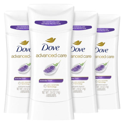 Dove Advanced Care Antiperspirant Deodorant Stick Lavender Fresh 4 ct for helping your skin barrier repair72 hr odor control and sweat protection for soft underarms with boosted ceramide levels 2.6 oz - Renee Lane Company