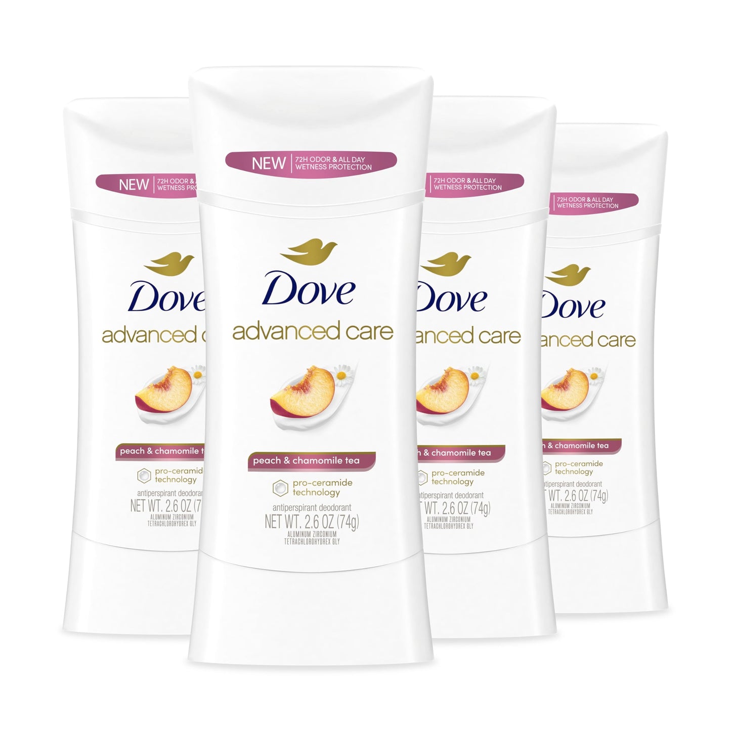 Dove Advanced Care Antiperspirant Deodorant Stick Peach & Chamomile Tea 4 Count for helping your skin barrier repair after shaving 72 hour odor control and all-day sweat protection 2.6 oz - Renee Lane Company