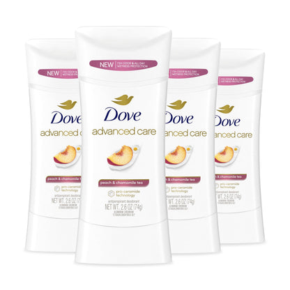 Dove Advanced Care Antiperspirant Deodorant Stick Peach & Chamomile Tea 4 Count for helping your skin barrier repair after shaving 72 hour odor control and all-day sweat protection 2.6 oz - Renee Lane Company