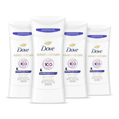 Dove Advanced Care Antiperspirant Deodorant Stick Sheer Fresh 4 Count Anti-stain antiperspirant deodorant for soft underarms 72-hour underarm odor protection and all-day sweat control 2.6 oz - Renee Lane Company
