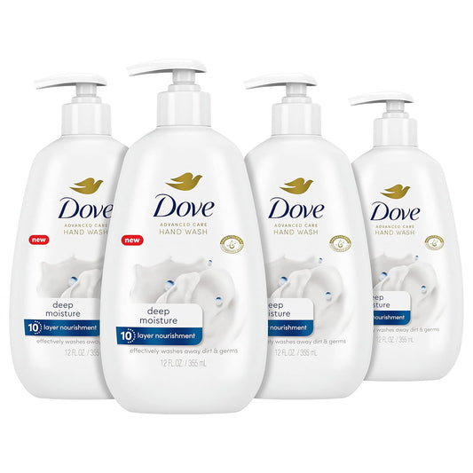 Set of 4 Dove deep moisture hand wash bottles with white pump caps, 12 oz each.