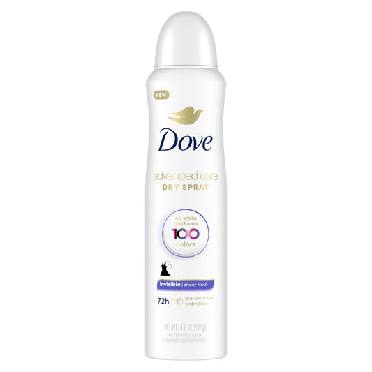 Dove Advanced Care Invisible Dry Spray Antiperspirant Deodorant No White Marks on 100 Colors Sheer Fresh 48-Hour Sweat and Odor Protecting Deodorant for Women 3.8 oz Pack of 12 - Renee Lane Company