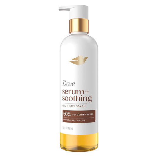 Dove serum+soothing oil body wash bottle with gold pump and amber base