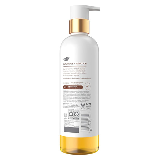 Oil body wash bottle back label with gold pump and amber liquid at bottom