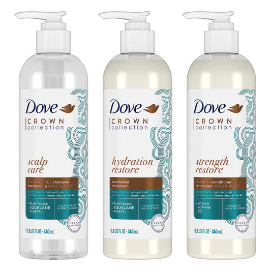 Three Dove Crown Collection bottles for scalp care, hydration restore, and strength restore.
