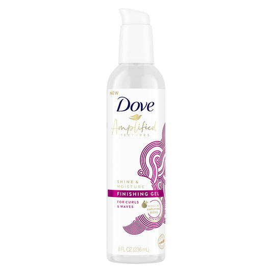 Moisture finishing gel bottle with white pump cap, clear bottle, purple graphic label