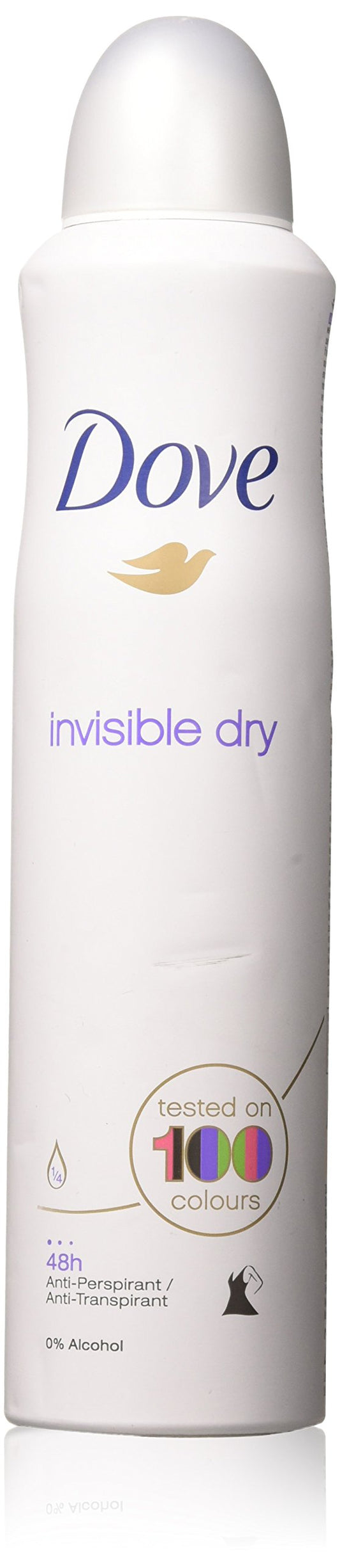 White Dove antiperspirant body spray with silver cap, 'invisible dry' front label.
